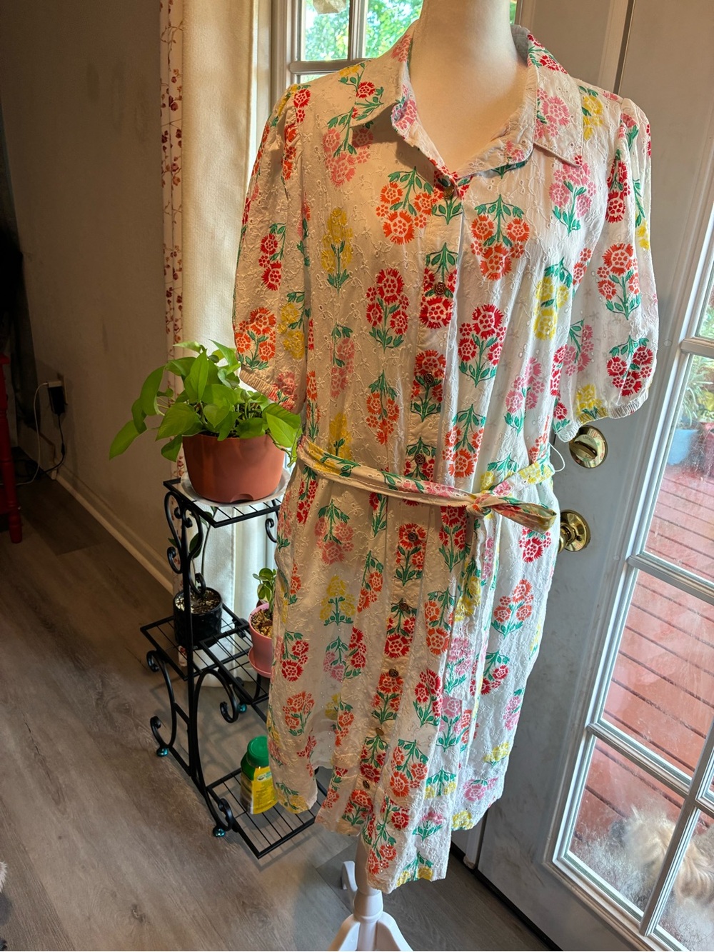 Draper James White Floral Midi Shirt Dress with Pink, Red & Yellow Blooms